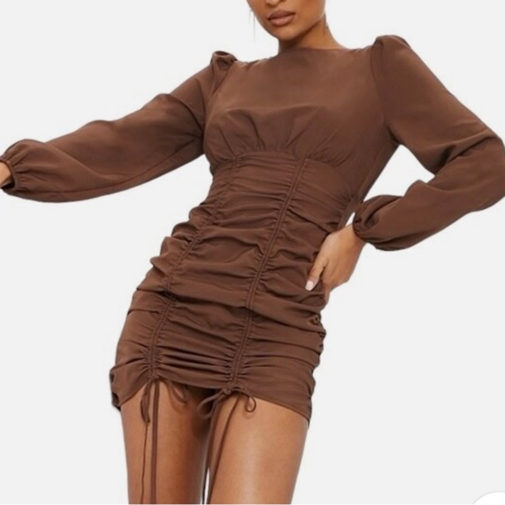 NWT PrettyLittleThing | Women’s Chocolate Brown Long Sleeve Ruched Mini Dress, 4